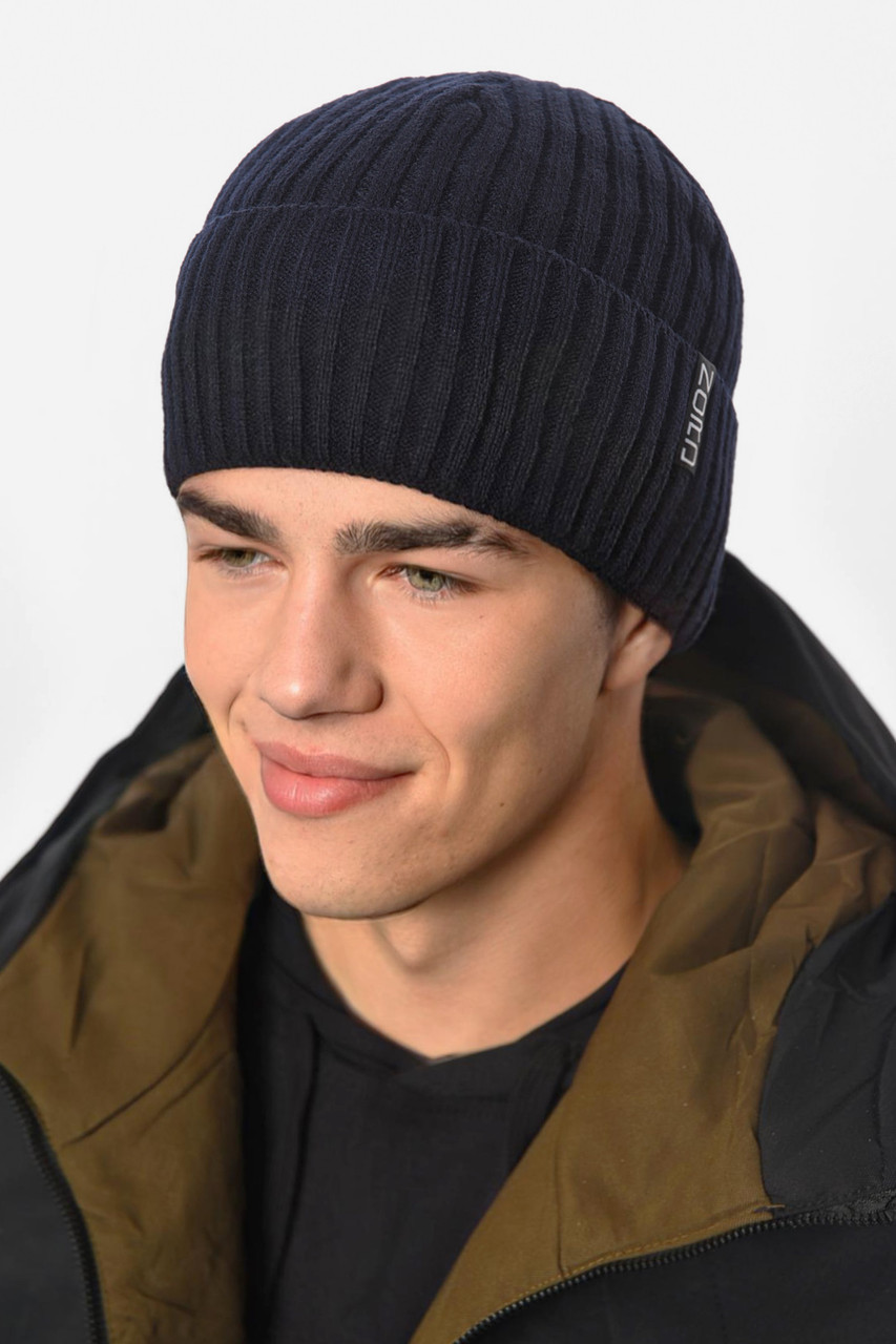 Шапка чоловіча з підворотом на флісе темно-синього кольору 192423M, фото 1