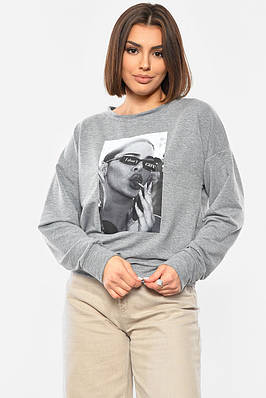 Світшот жіночий сірого кольору з принтом р.42-45 192657T Безкоштовна доставка