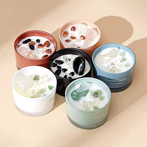 Свічка ароматична "Свіжа Весна" у скляній чаші з декором з кварцових каменів у синьому кольорі, фото 2