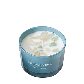 Свічка ароматична "Свіжа Весна" у скляній чаші з декором з кварцових каменів у синьому кольорі, фото 3