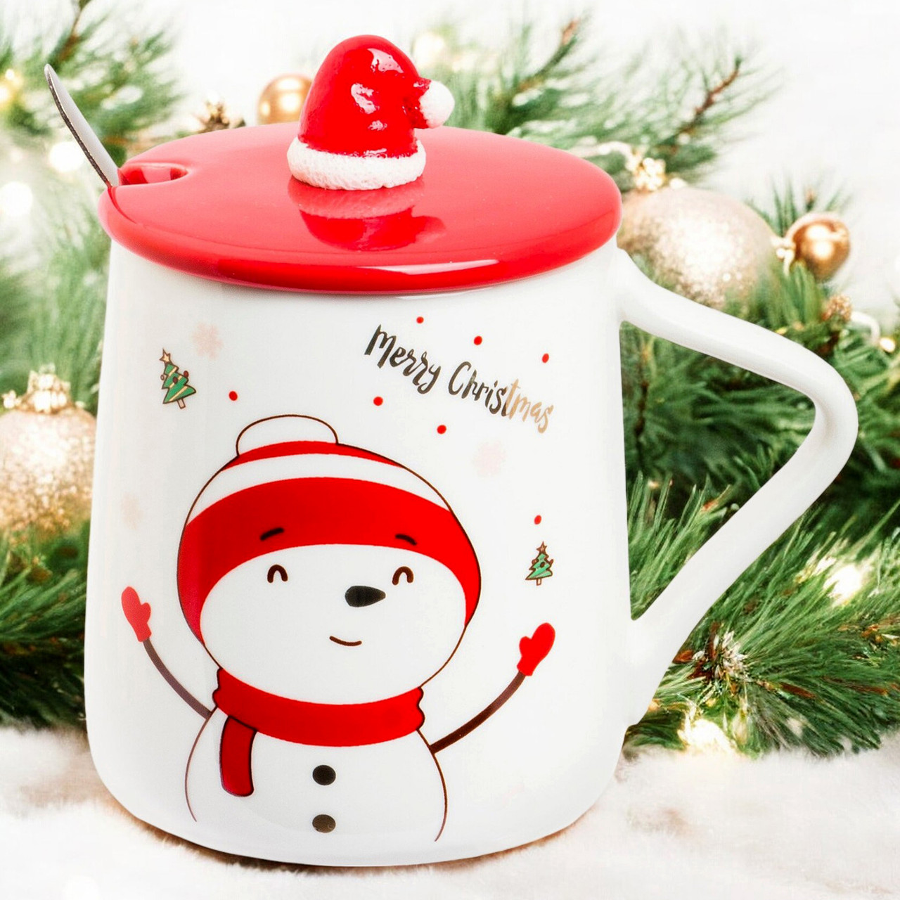 Новорічна кружка з кришкою і ложкою "Merry Christmas", 360мл, кераміка, Сніговик