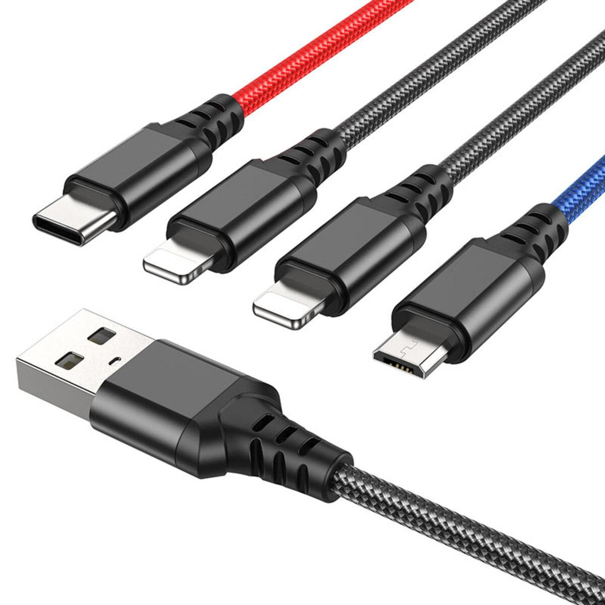 Кабель HOCO X76 USB to iP+iP+Type-C+Micro 2A, 1m, nylon, aluminum connectors Black+Red+Blue, фото 1