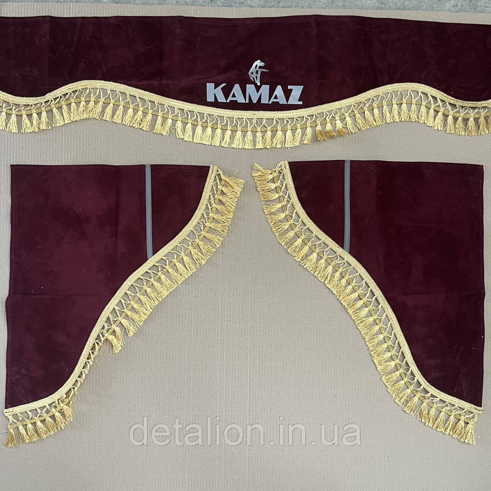 Штори кабіни КАМАЗ бордові L-220 см (ламбрекен лобового скла, куточки бічного скла) напис світловідбивний, фото 1