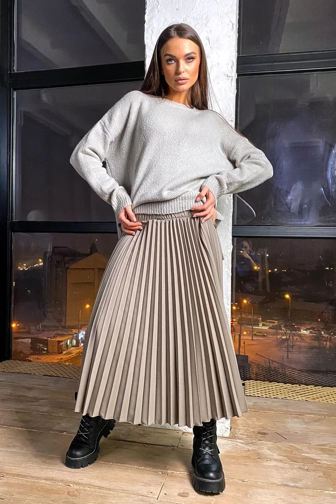 Спідниця плісирована міді висока талія пояс резинка сіра, фото 1