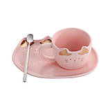 Чашка з блюдцем і ложкою Котик. Кухоль керамічний Подарунковий набір, сервіз дитячий з котиком (рожевий), фото 4