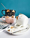 Чашка з блюдцем і ложкою Котик. Кухоль керамічний Подарунковий набір, сервіз дитячий з котиком (рожевий), фото 9