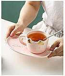 Чашка з блюдцем і ложкою Котик. Кухоль керамічний Подарунковий набір, сервіз дитячий з котиком (рожевий), фото 5