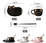 Чашка з блюдцем і ложкою Котик. Кухоль керамічний Подарунковий набір, сервіз дитячий з котиком (рожевий), фото 10