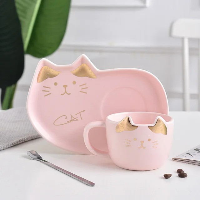 Чашка з блюдцем і ложкою Котик. Кухоль керамічний Подарунковий набір, сервіз дитячий з котиком (рожевий)