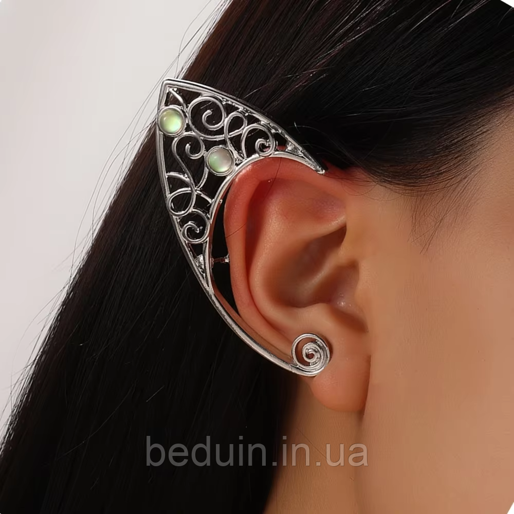 Эльфийские ажурные серьги - уши, каффы "Эльфийка" - серебристые Aushal JEWELRY