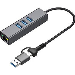 Адаптер USB 3.0 Type-C/Type-A to RJ45 Gigabit Lan, 3*USB 3.0, cable 13 cm Dynamode (DM-AD-GLAN-U3) - оригінал