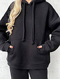Чорний теплий жіночий спортивний костюм з об'ємним худі з турецької тринитки на флісі, фото 4