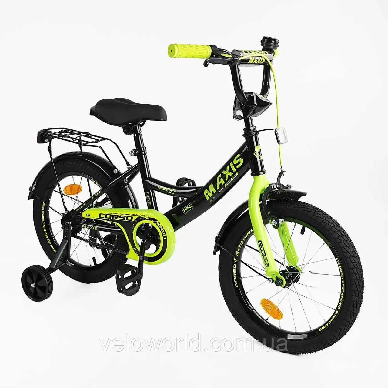 Дитячий двоколісний велосипед Corso Maxis 16" дюймів ручне гальмо, дзвіночок, додаткові колеса