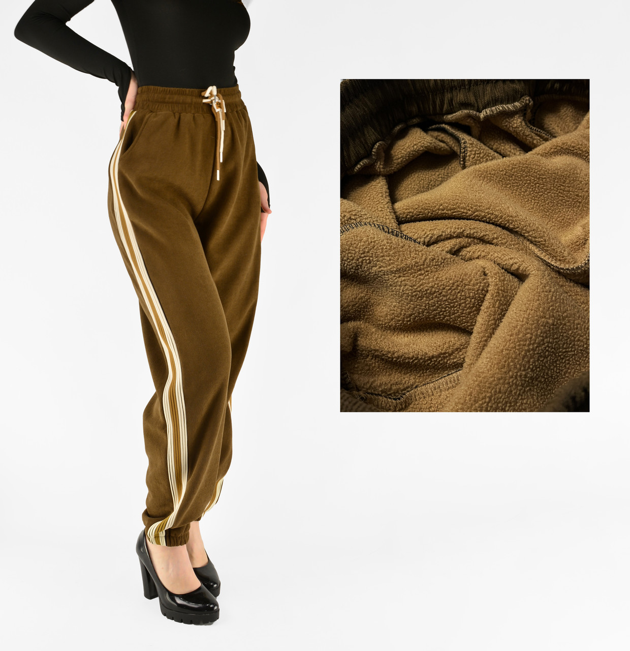 Жіночі зимові штани в рубчик (вельвет) Штани на хутрі під манжет M-2XL Світло-коричневий колір