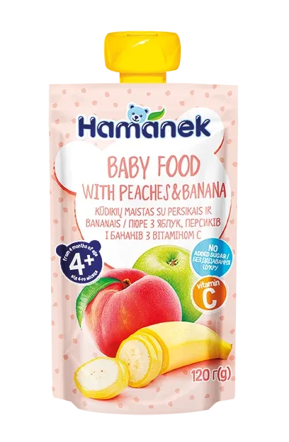 Пюре пауч з яблуком, персиком і бананом Hamanek, 100г подарунок