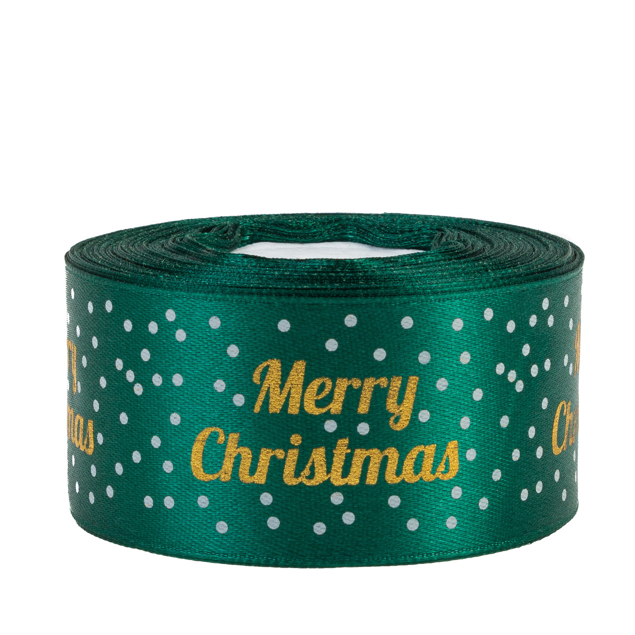 Стрічка атласна 4,0 см (1 м) "Мerry Cristmas крапинка", смарагдова, фото 1