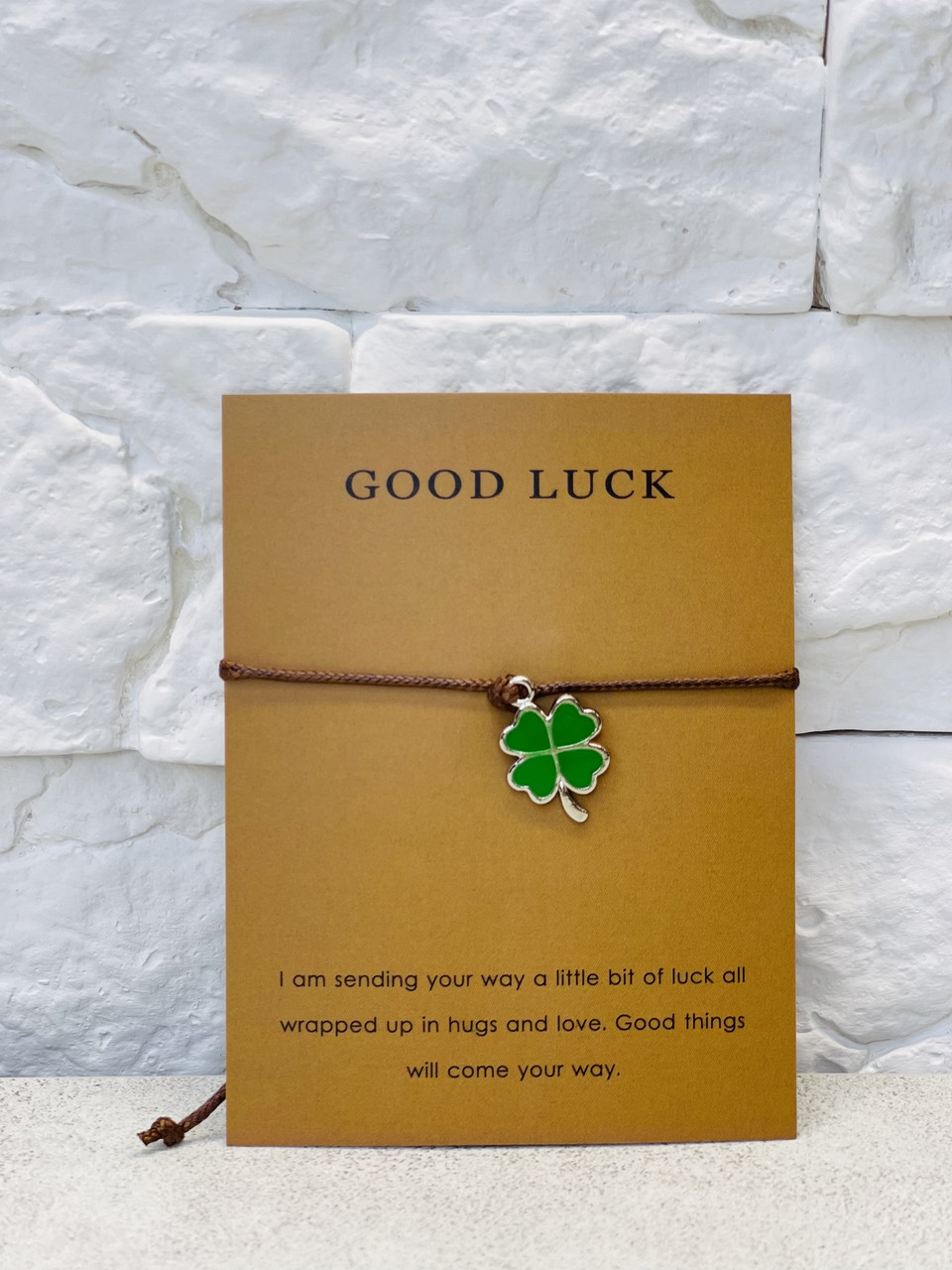 Браслет щасливого Зеленого Чотирилистного конюшина на удачу на коричневій нитці, фото 1