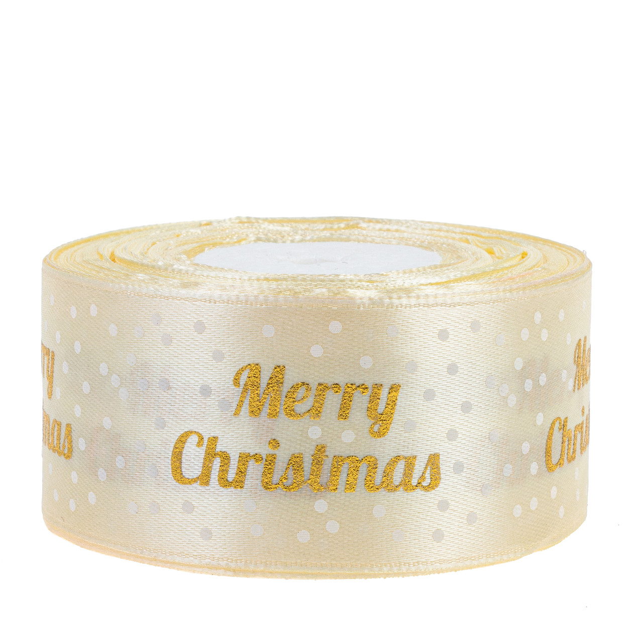 Стрічка атласна новорічна 4,0 см (1 м) "Мerry Cristmas крапинка" кремова