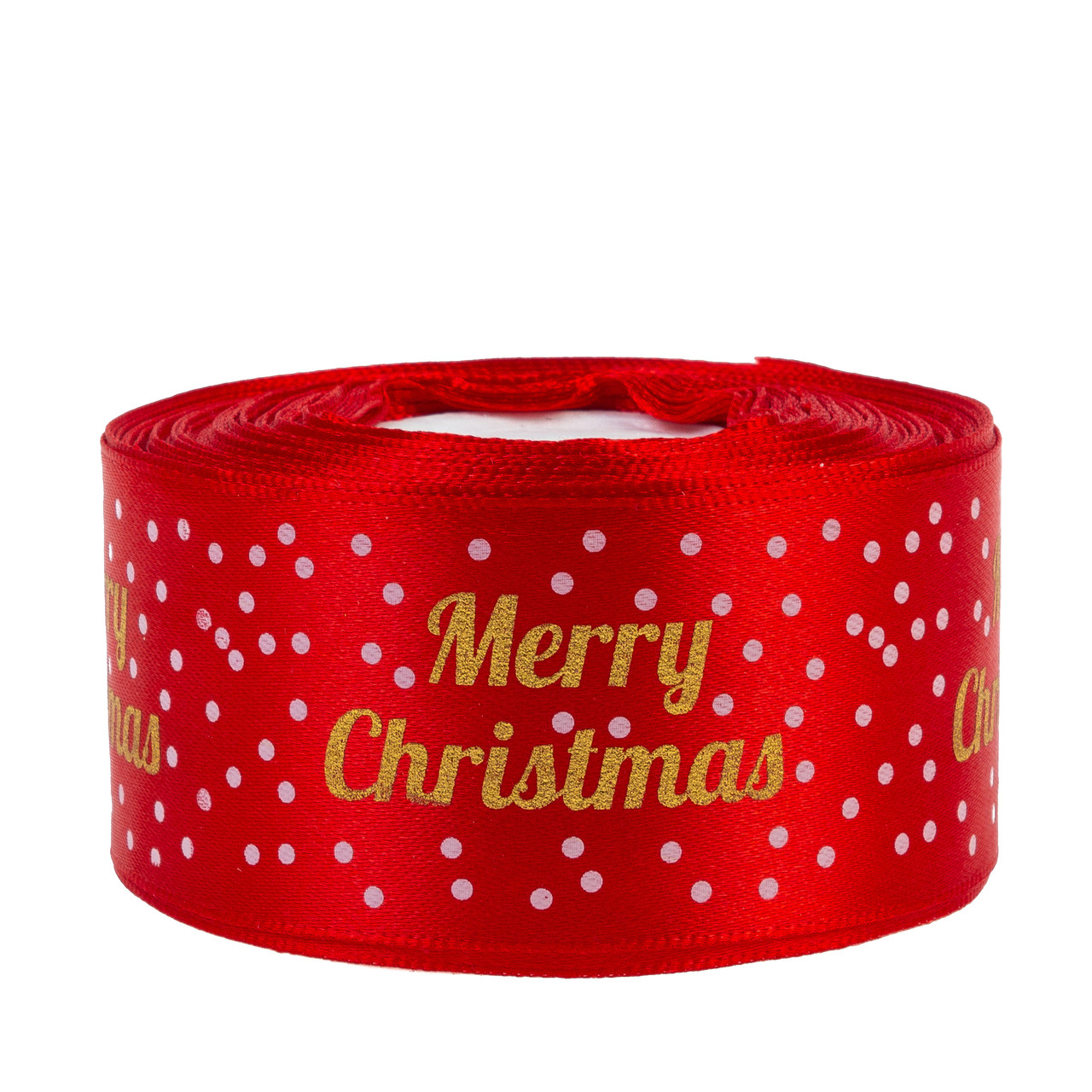 Стрічка атласна 4,0 см (1 м) "Мerry Cristmas крапинка", червона, фото 1