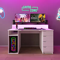 Стіл комп'ютерний ігровий Майнкрафт Люкс з RGB підсвіткою Білий  (L=1600мм)