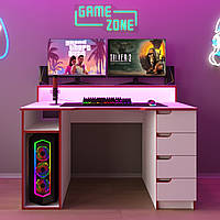 Стіл комп'ютерний ігровий Майнкрафт Люкс з RGB підсвіткою Білий з червоною крайкою (L=1600мм)