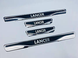 Накладки на пороги (хром-карбон) Mitsubishi Lancer 10 (TAN24)