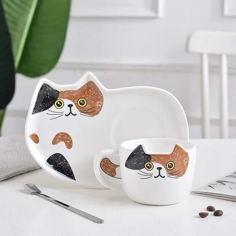 Чашка з блюдцем і ложкою Котик. Кухоль керамічний Подарунковий набір, сервіз дитячий з котиком (білий)