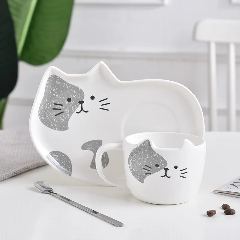 Чашка з блюдцем і ложкою Котик. Кухоль керамічний Подарунковий набір, сервіз дитячий з котиком (білий)