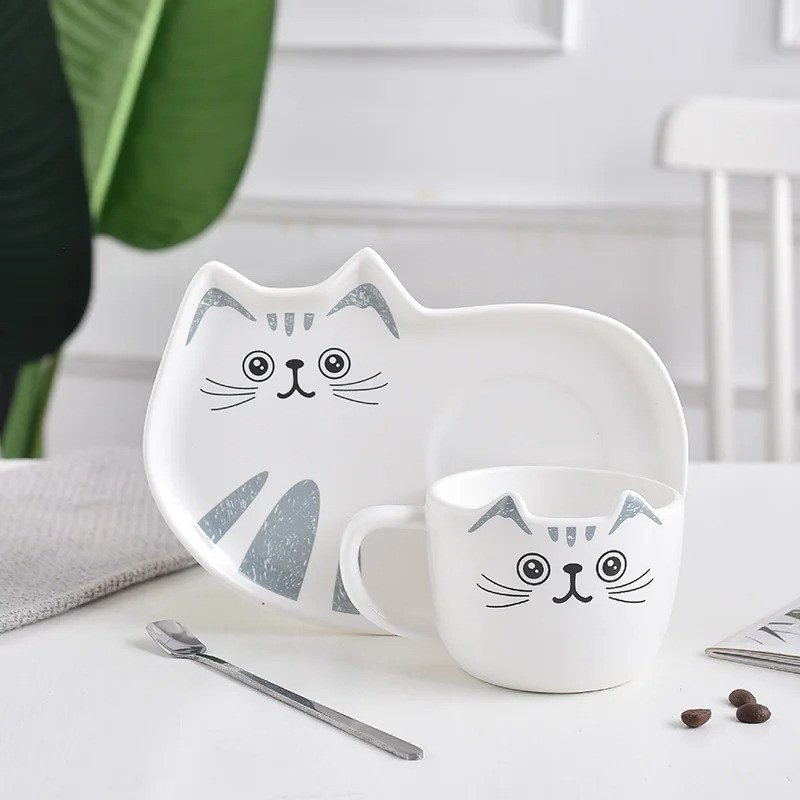 Чашка з блюдцем і ложкою Котик. Кухоль керамічний Подарунковий набір, сервіз дитячий з котиком (білий)