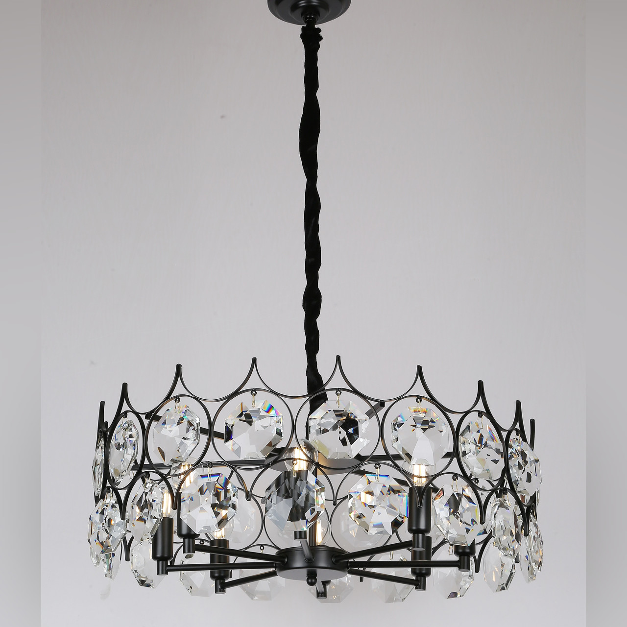 Люстра чорна 60см кругла з великим камінням на 8 ламп (61-7001-8)