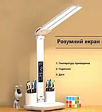 Світлодіодна настільна лампа з двома плафонами на акумуляторі з термометром, годинником, календарем, підставкою, фото 4