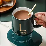 Чашка керамічна на підставці з підігрівом і ложечкою в комплекті в подарунковому пакованні пакеті, фото 2