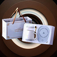 Чашка керамічна на підставці з підігрівом і ложечкою в комплекті в подарунковому пакованні пакеті