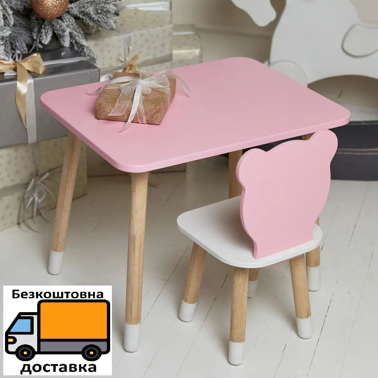 Столик дитячий прямокутний рожевий зі стільчиком Ведмедик 46х60х45 см Білий / Рожевий (112112)