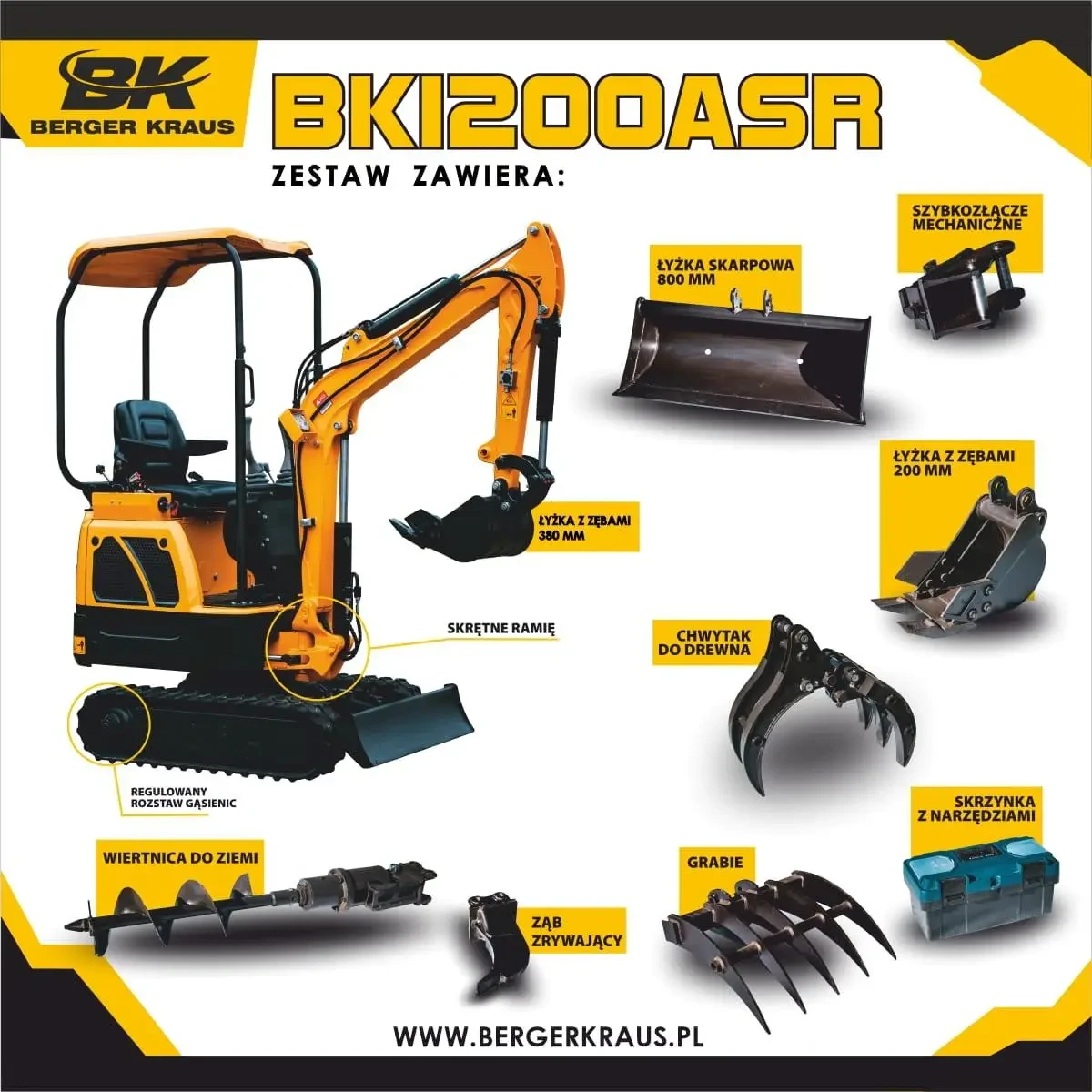 Міні-екскаватор Berger Kraus BK1200ASR з навісним обладнанням KUBOTA на торсіонній рамі з регульованими
