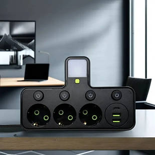 Мережевий фільтр з USB та індивідуальними вимикачами + підсвічування (3×220В+2×USB+1×Type-C) HG-2505 Чорний
