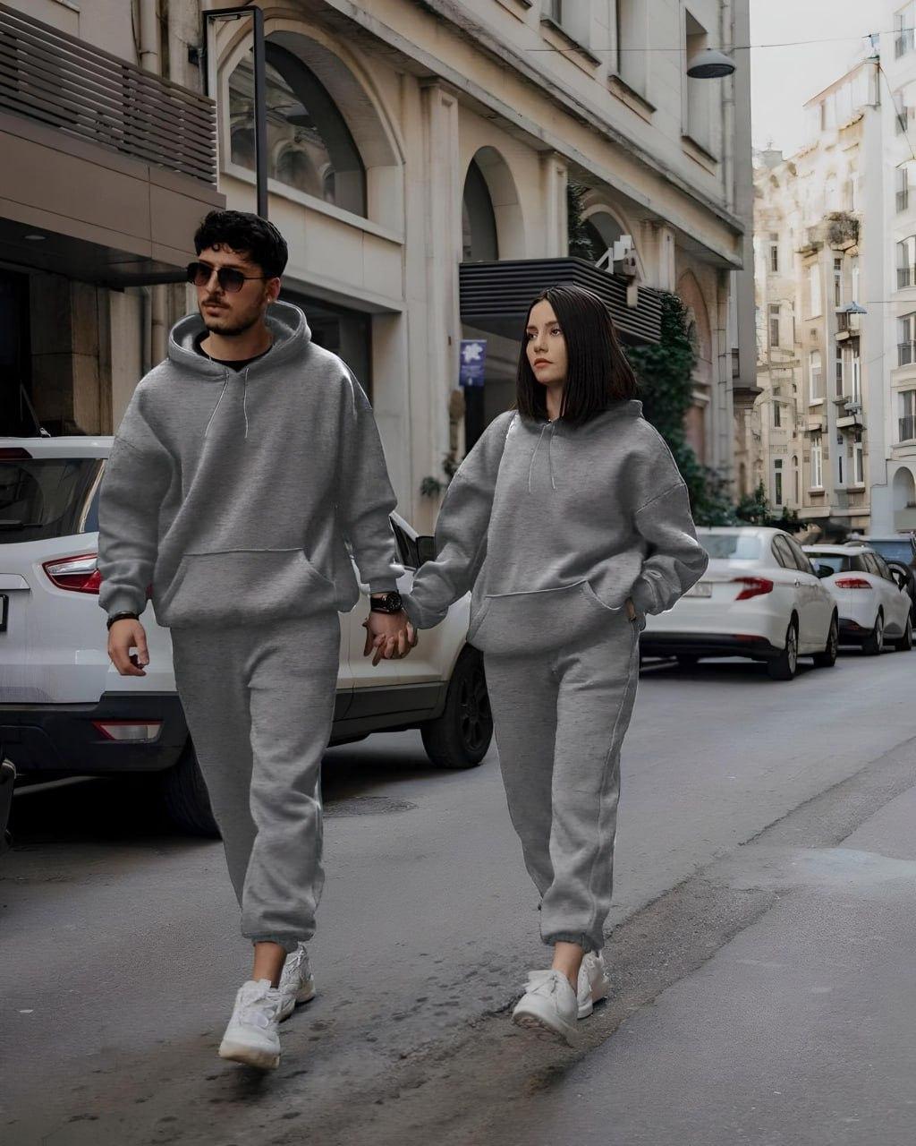 Парний спортивний костюм на флісі сірий Family Look худі та штани жіночий та чоловічий, фото 1