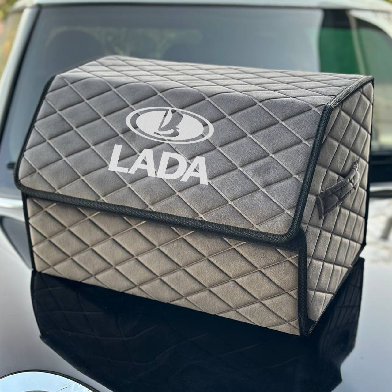 Преміум органайзер у багажник автомобіля, пайкою сірий ромб та лого Лада, фото 1