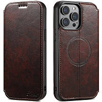 Чохол-книжка Suteni Magsafe Leather Case для Apple iPhone 15 Pro Max Dark Brown