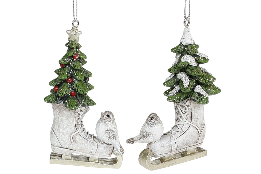 Набір ялинкових іграшок Ковзани з ялинкою та пташкою, 8см, фото 1