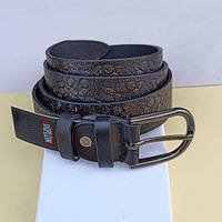 Ремінь із Натуральної Шкіри Жіночий 35 мм Темно Коричневий Відбиток Квіти ТМ “Диплом”