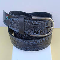 Ремінь із Натуральної Шкіри Жіночий 35 мм Темно Синій Відбиток Квіти ТМ “Диплом”