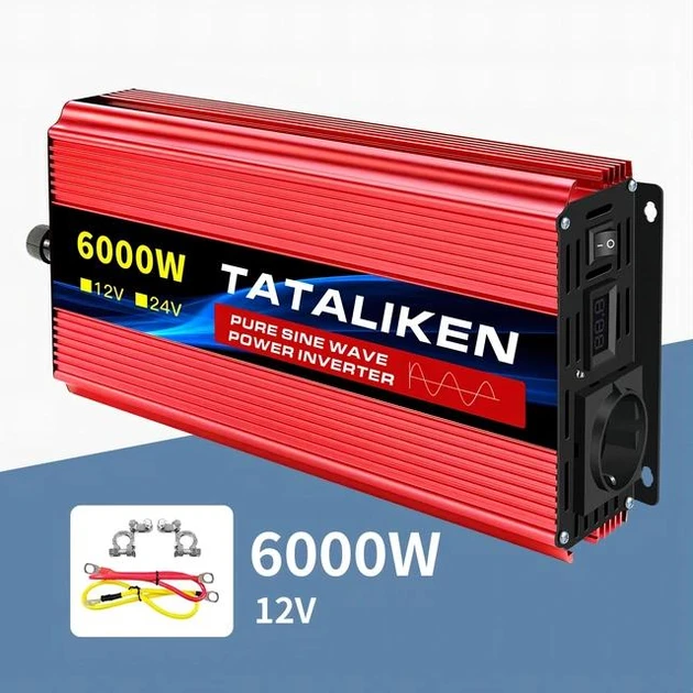 Інвертор 12В в 220В Tataliken 6000W з розеткою, чистий синус, для котла та інших приладів, 220V 50Hz