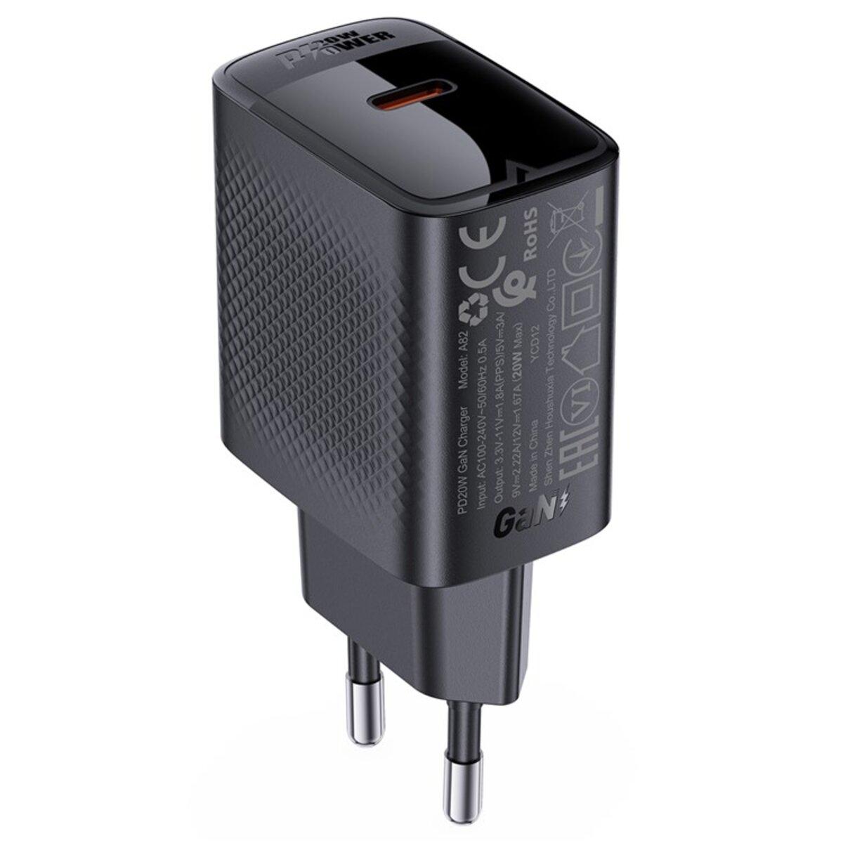 Мережевий зарядний пристрій ACEFAST A82 PD20W GaN single USB-C charger Black, 20W, портативний, швидка зарядка, фото 1