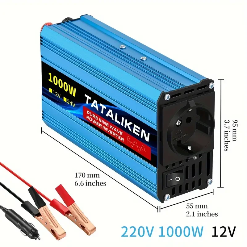 Інвертор TATALIKEN 1000W перетворювач напруги 12V-220V, чиста синусоїда, 1000 Вт
