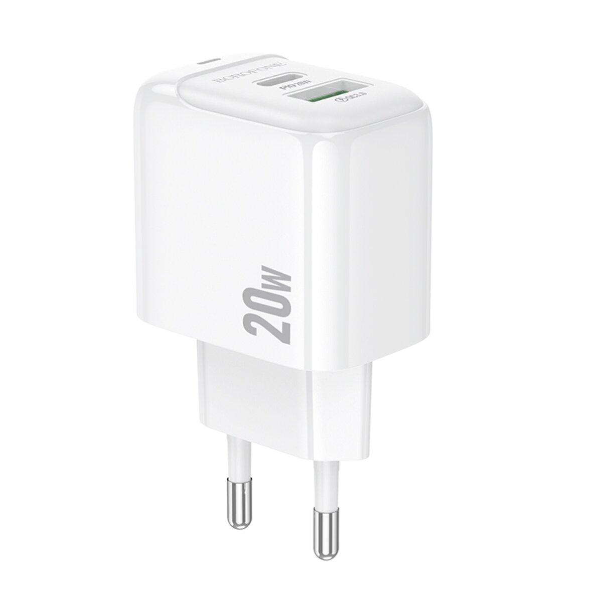 Мережевий зарядний пристрій BOROFONE BAS44A Potential PD20W+QC3.0 charger(EU) White, 2 порти Type-C та USB-A, фото 1