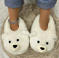 Домашние плюшевые теплые тапочки Медведи с закрытой пяткой Тапки женские, детские кигуруми Белый Мишка