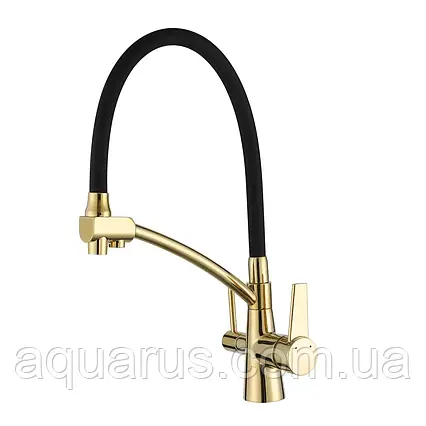 Змішувач для кухні з підключенням фільтра питної води GAPPO G4398-13, гнучкий вилив, золото/чорний, фото 1