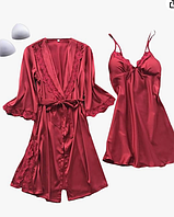 Атласний халат із пеньюаром бордового кольору на запах