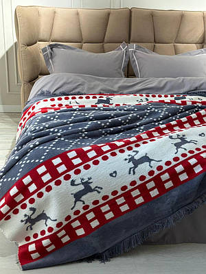 Плед з оленями новий рік бавовна Vefa Christmas сірий червоний 200х220см